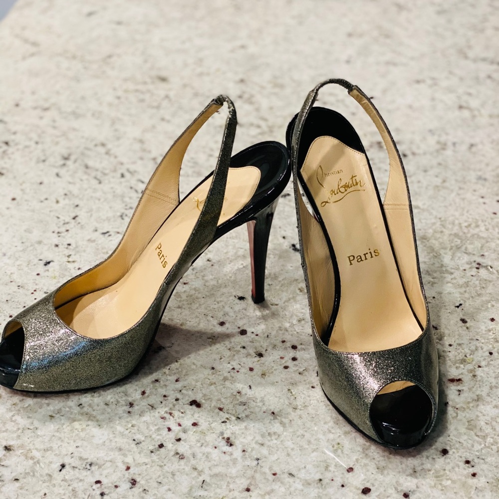Louboutin dark silver glitter slingback 40EU